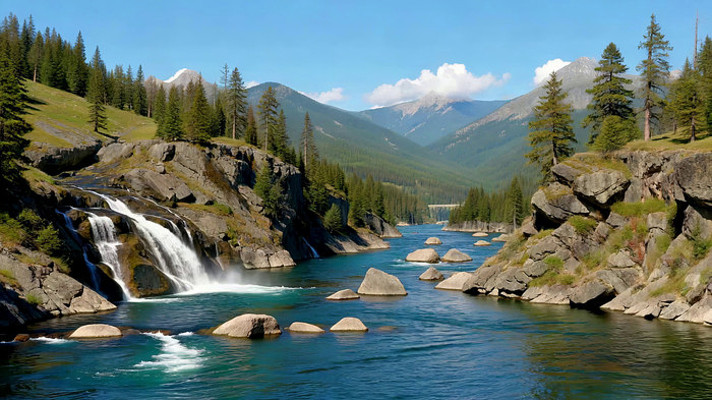 山间河流森林瀑布自然风光 山间河流森林瀑布自然风光