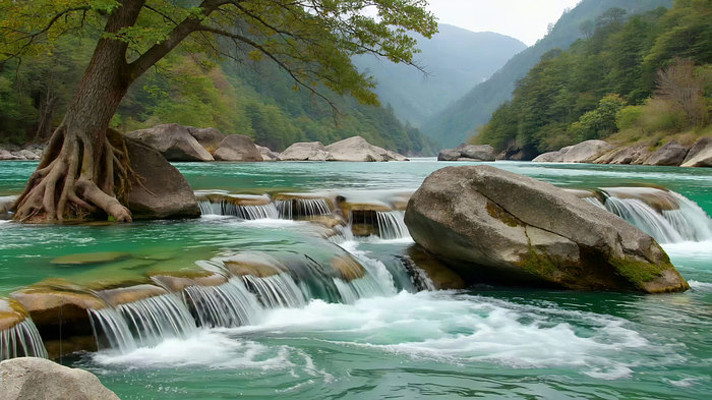 山间河流与大树自然景观 山间河流与大树自然景观