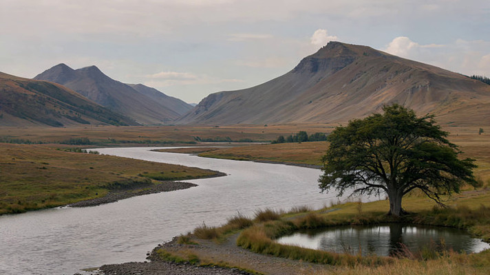 山间河流与孤树自然风光 山间河流与孤树自然风光