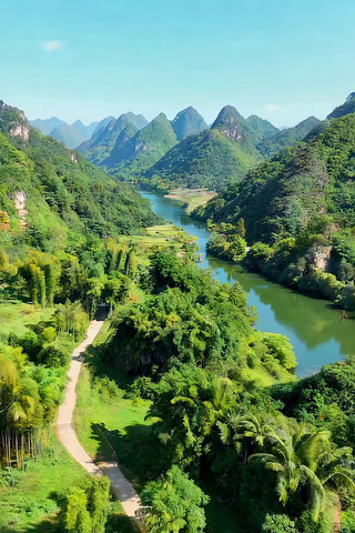 山间河流与蜿蜒小路全景 山间河流与蜿蜒小路全景