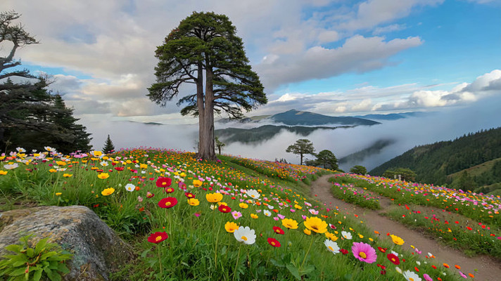山间花海与孤树风景 山间花海与孤树风景