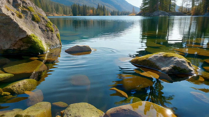 山间湖泊清澈水面与岩石 山间湖泊清澈水面与岩石