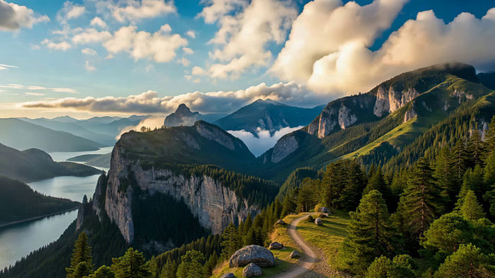 山间湖泊森林全景风光 山间湖泊森林全景风光