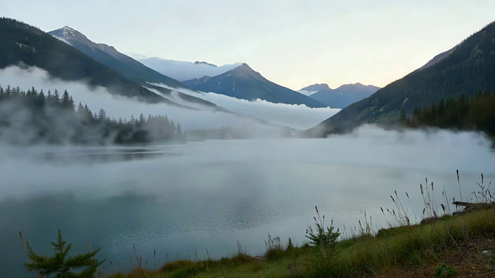 山间湖泊云雾缭绕自然风光 山间湖泊云雾缭绕自然风光