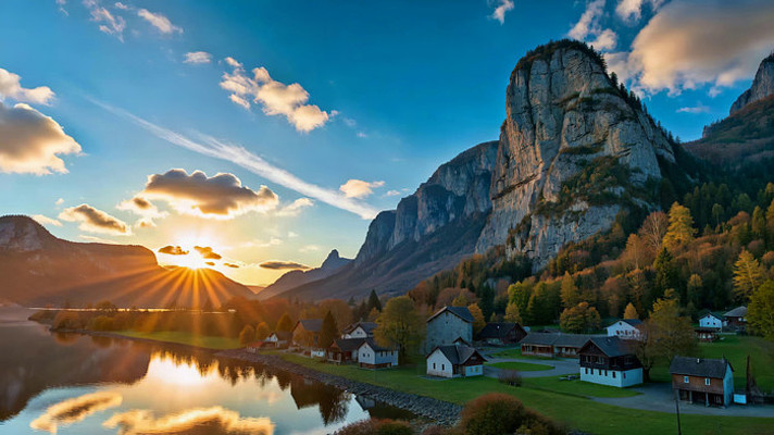 山间湖畔日落自然风光 山间湖畔日落自然风光