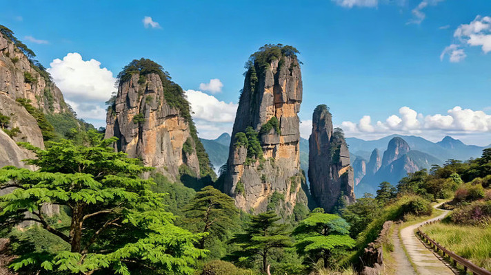 山间奇峰与林间小路风景 山间奇峰与林间小路风景