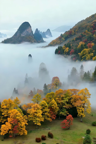 山间秋景云雾缭绕自然风光 山间秋景云雾缭绕自然风光