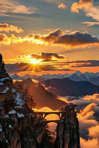 山间日出桥梁自然风光 山间日出桥梁自然风光