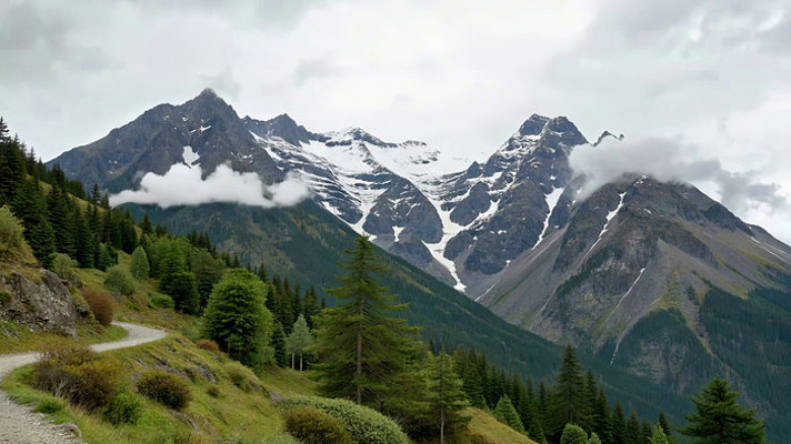 山间森林与雪山远景 山间森林与雪山远景
