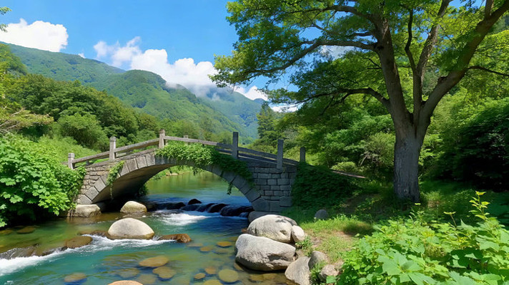 山间石桥下的溪流自然风光 山间石桥下的溪流自然风光