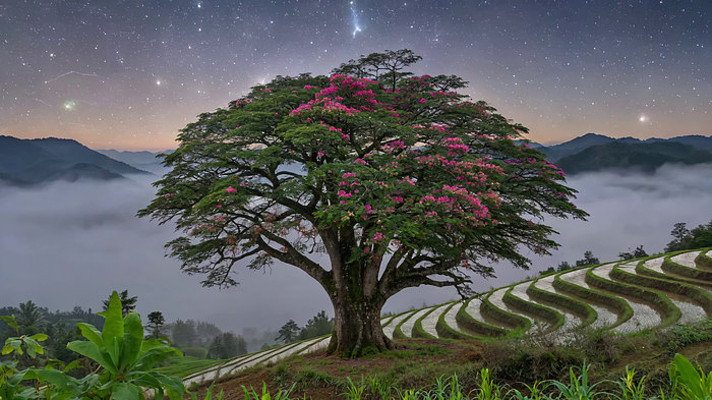 山间梯田旁繁花盛开的大树 山间梯田旁繁花盛开的大树