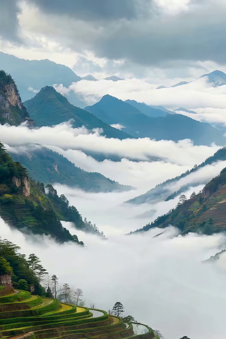 山间梯田云海自然风光 山间梯田云海自然风光