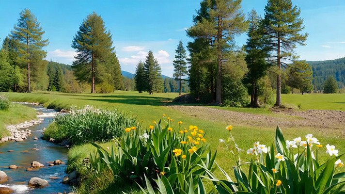 山间溪流旁的森林草地风光 山间溪流旁的森林草地风光
