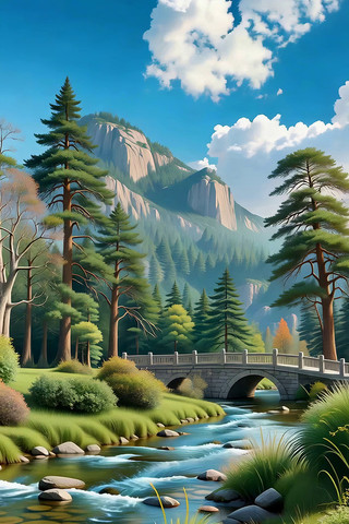 山间溪流旁的石桥风景 山间溪流旁的石桥风景