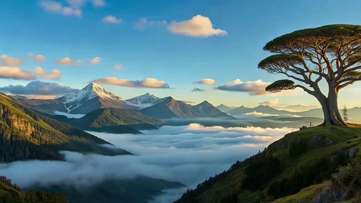 山间云海孤树自然风光 山间云海孤树自然风光