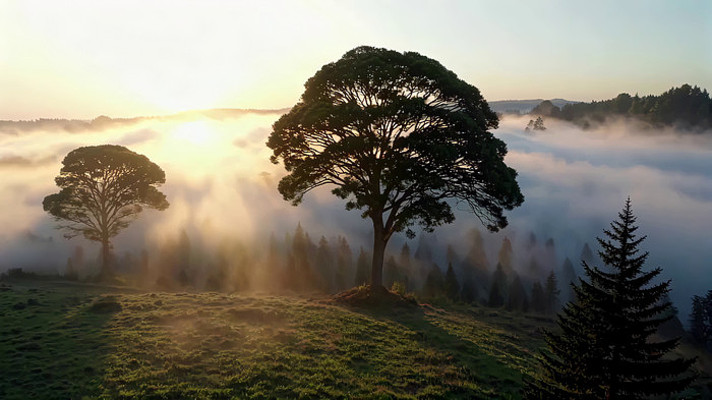 山林日出云雾缭绕景象 山林日出云雾缭绕景象
