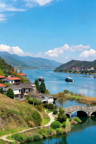 山水间村落与游船风景 山水间村落与游船风景