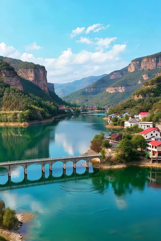 山水间村庄与桥梁风景素材 山水间村庄与桥梁风景素材