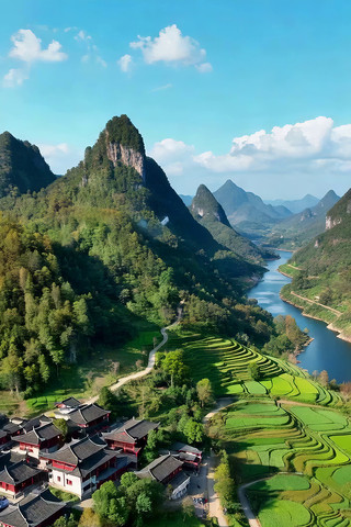 山水间古建与梯田航拍素材 山水间古建与梯田航拍素材