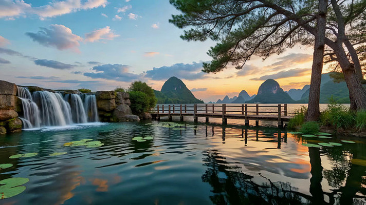 山水间瀑布与木桥风景 山水间瀑布与木桥风景