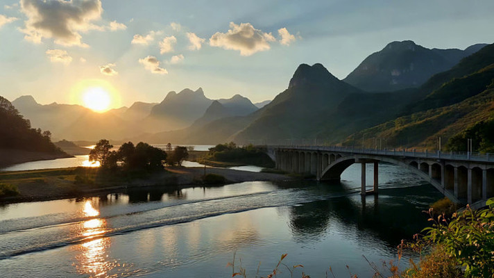 山水间桥梁日落风景 山水间桥梁日落风景