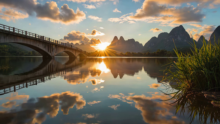 山水间桥梁日落美景 山水间桥梁日落美景