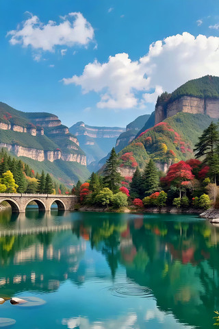 山水间石桥与多彩山林风景 山水间石桥与多彩山林风景