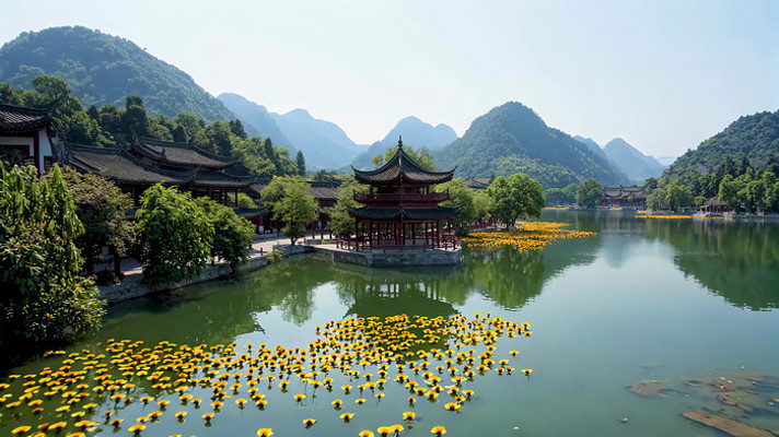山水间中式建筑与湖面花卉景观 山水间中式建筑与湖面花卉景观