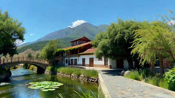 山水间中式建筑与石桥风景 山水间中式建筑与石桥风景