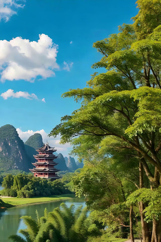 山水中式楼阁自然风景 山水中式楼阁自然风景