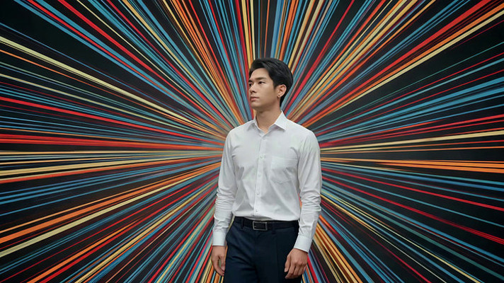 身着白衬衫男子站在放射背景前 身着白衬衫男子站在放射背景前