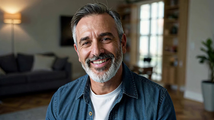 室内微笑的中年男子 室内微笑的中年男子