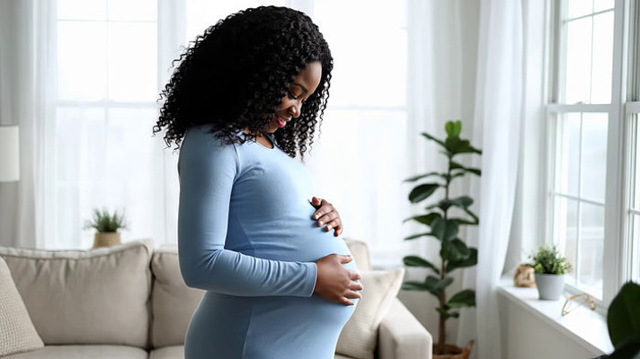 室内孕妇站立抚摸腹部 室内孕妇站立抚摸腹部