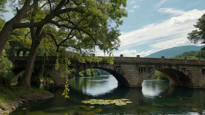 石桥河流绿树自然风光 石桥河流绿树自然风光