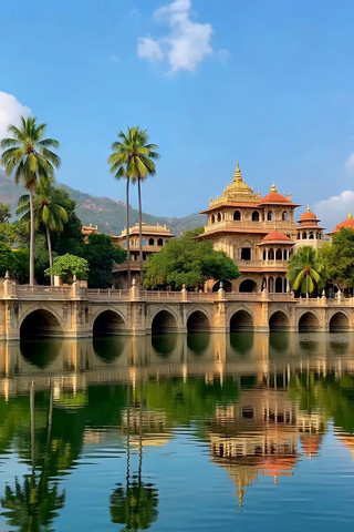 水边古建筑与棕榈树风景 水边古建筑与棕榈树风景