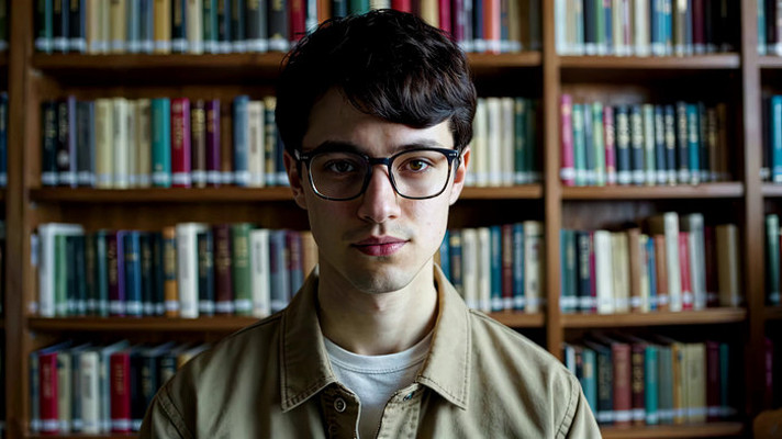 书架前戴眼镜男士近景 书架前戴眼镜男士近景