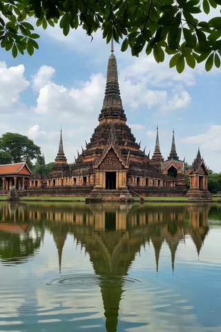 泰国寺庙湖边全景 泰国寺庙湖边全景