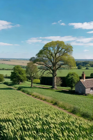 田野麦田旁的乡村小屋风景 田野麦田旁的乡村小屋风景