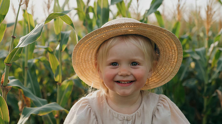田野中戴草帽的小女孩 田野中戴草帽的小女孩