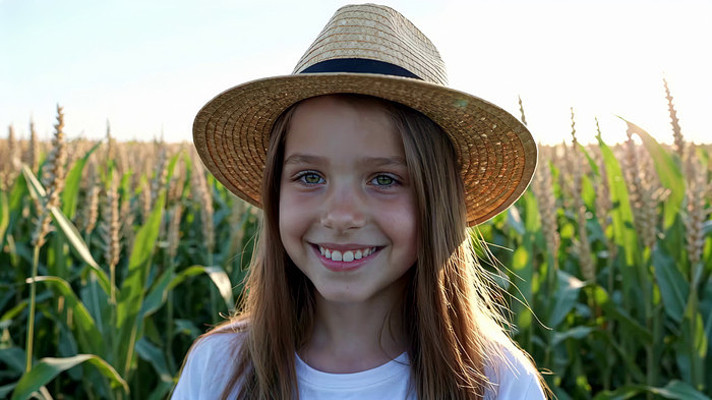 田野中戴草帽女孩微笑画面 田野中戴草帽女孩微笑画面