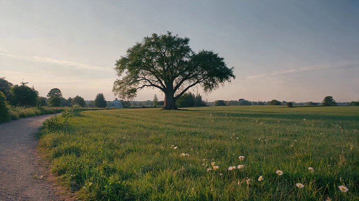 田野中大树与小路风景 田野中大树与小路风景