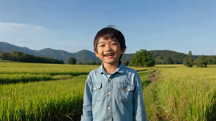 田野中男孩微笑站立 田野中男孩微笑站立
