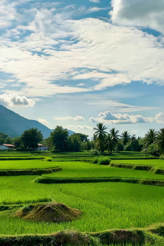 田园风光稻田与远山景观 田园风光稻田与远山景观