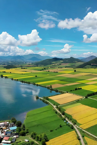田园湖泊自然风光航拍 田园湖泊自然风光航拍