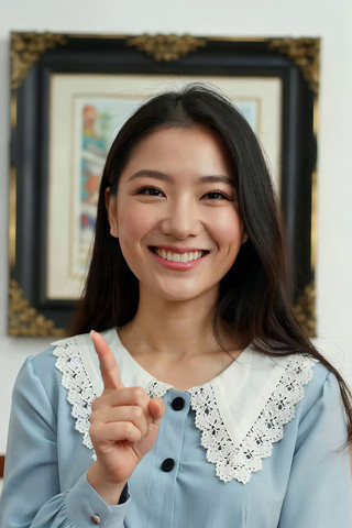 微笑女性竖指示意素材 微笑女性竖指示意素材