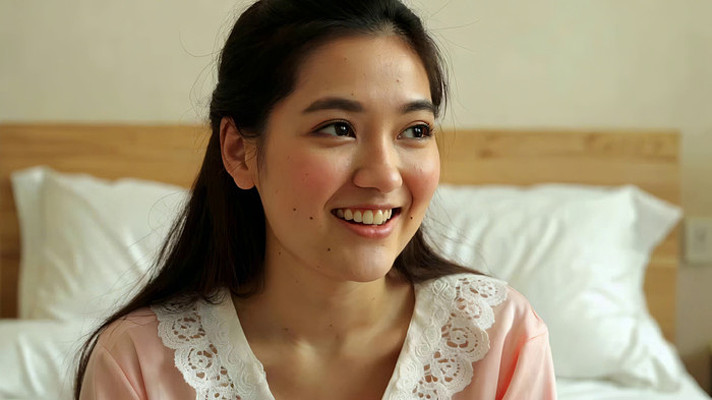 卧室中微笑的年轻女性 卧室中微笑的年轻女性