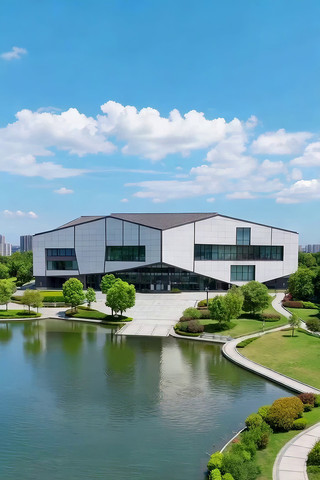 现代建筑旁的湖景风光 现代建筑旁的湖景风光