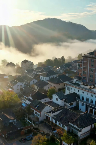 乡村晨景阳光云雾航拍 乡村晨景阳光云雾航拍