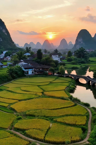 乡村稻田夕阳自然风光 乡村稻田夕阳自然风光