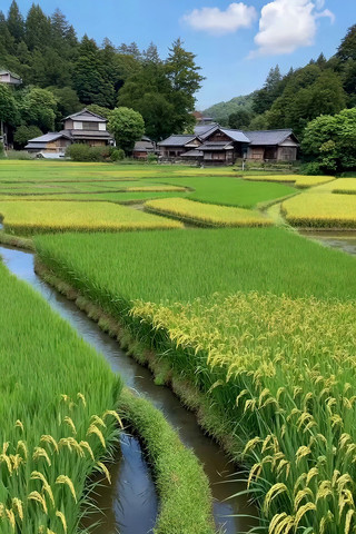 乡村稻田与民居风景 乡村稻田与民居风景